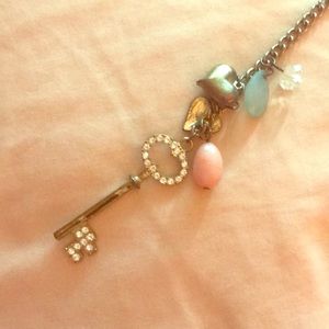 LONG KEY NECKLACE PINK BLUE FAUX GOLD CHAIN